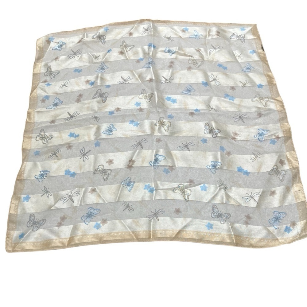 Vintage Blue And Brown Butterfly And Dragonfly Scarf Bandanna Kerchief.